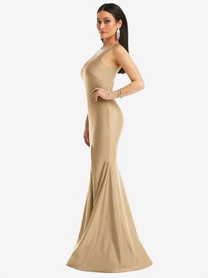 【STYLE: CS113】Square Neck Stretch Satin Mermaid Dress with Slight Train【COLOR: Soft Gold】
