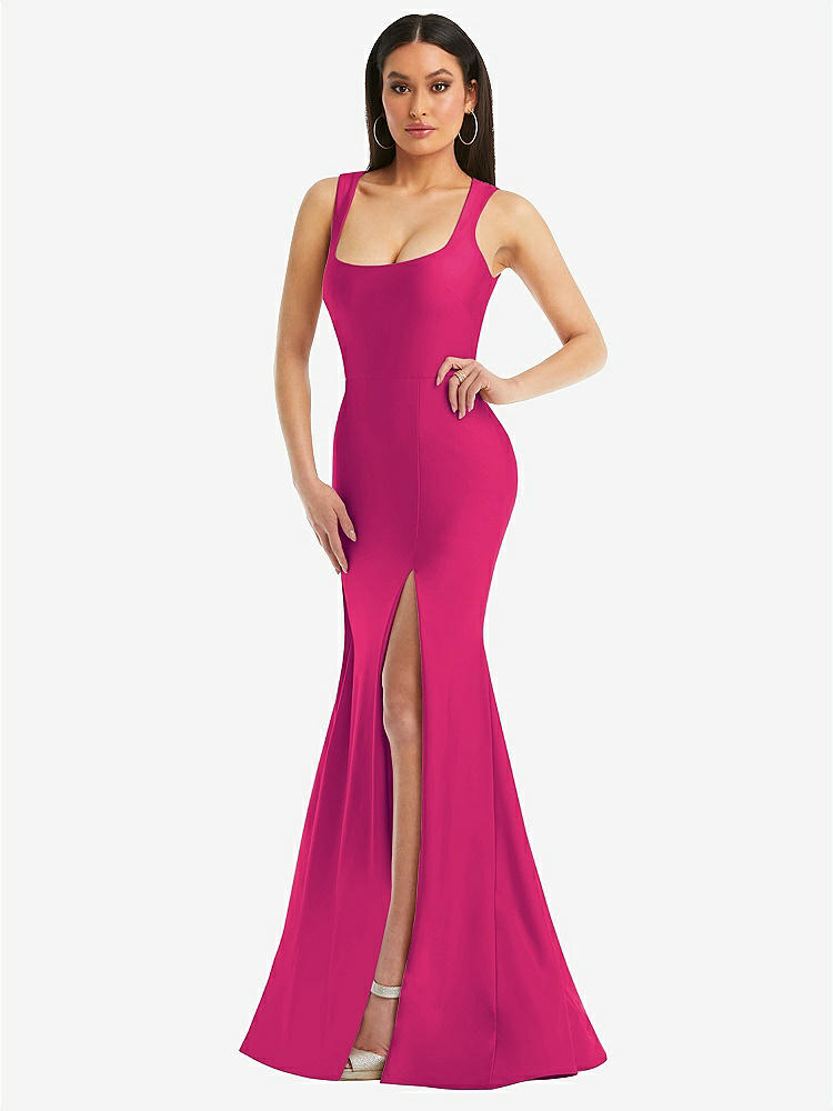 【STYLE: CS113】Square Neck Stretch Satin Mermaid Dress with Slight Train【COLOR: Think Pink】
