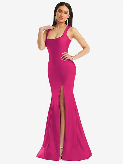 【STYLE: CS113】Square Neck Stretch Satin Mermaid Dress with Slight Train【COLOR: Think Pink】