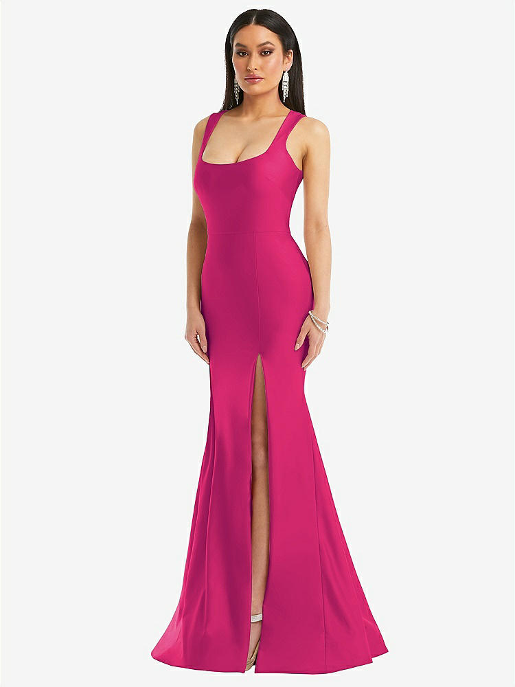 【STYLE: CS113】Square Neck Stretch Satin Mermaid Dress with Slight Train【COLOR: Think Pink】