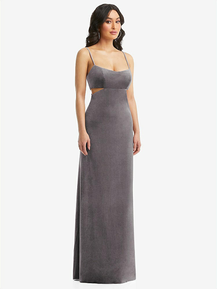 【NEW】【STYLE: 6866】Spaghetti ストラップ 切り抜き MIDIFF ベルベット MAXI ドレス【COLOR: Caviar Gray】【SIZE: 00-30W】