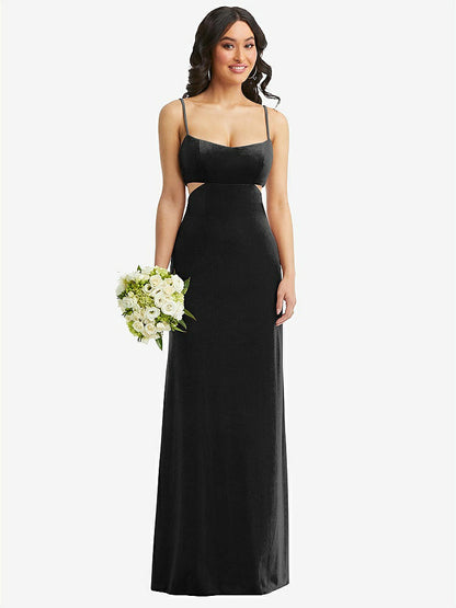 【NEW】【STYLE: 6866】Spaghetti ストラップ 切り抜き MIDIFF ベルベット MAXI ドレス【COLOR: Black】【SIZE: 00-30W】