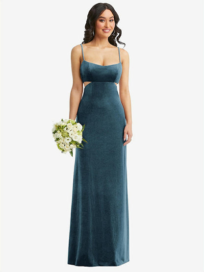 【NEW】【STYLE: 6866】Spaghetti ストラップ 切り抜き MIDIFF ベルベット MAXI ドレス【COLOR: Dutch Blue】【SIZE: 00-30W】