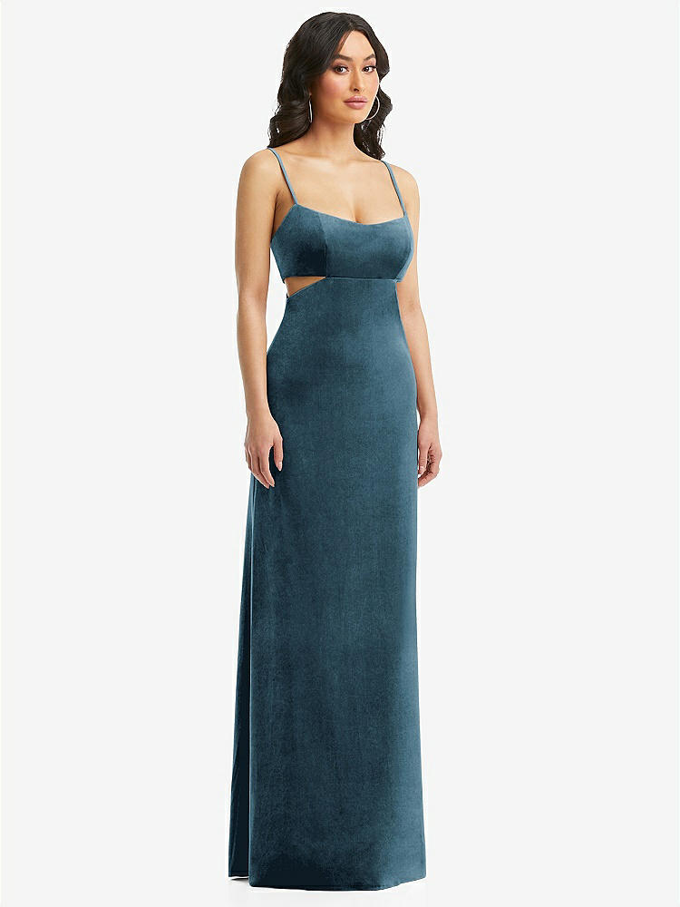 【NEW】【STYLE: 6866】Spaghetti ストラップ 切り抜き MIDIFF ベルベット MAXI ドレス【COLOR: Dutch Blue】【SIZE: 00-30W】