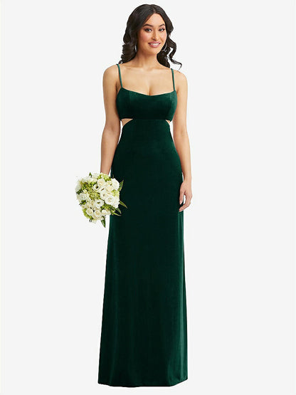 【NEW】【STYLE: 6866】Spaghetti ストラップ 切り抜き MIDIFF ベルベット MAXI ドレス【COLOR: Evergreen】【SIZE: 00-30W】