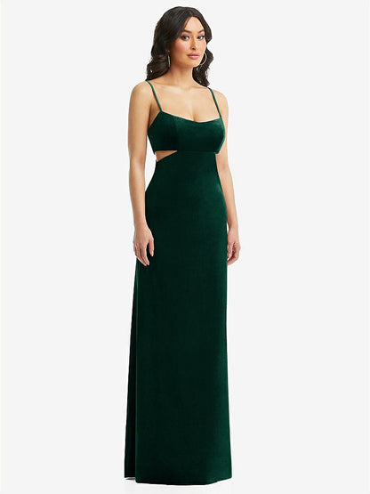 【NEW】【STYLE: 6866】Spaghetti ストラップ 切り抜き MIDIFF ベルベット MAXI ドレス【COLOR: Evergreen】【SIZE: 00-30W】