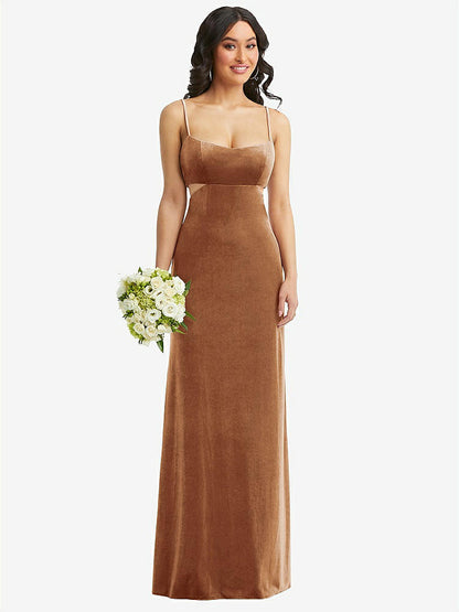 【STYLE: 6866】Spaghetti Strap Cutout Midriff Velvet Maxi Dress【COLOR: Golden Almond】