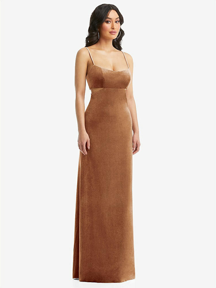 【STYLE: 6866】Spaghetti Strap Cutout Midriff Velvet Maxi Dress【COLOR: Golden Almond】