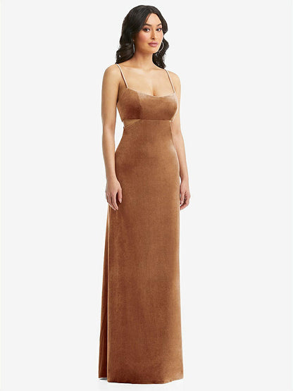【STYLE: 6866】Spaghetti Strap Cutout Midriff Velvet Maxi Dress【COLOR: Golden Almond】
