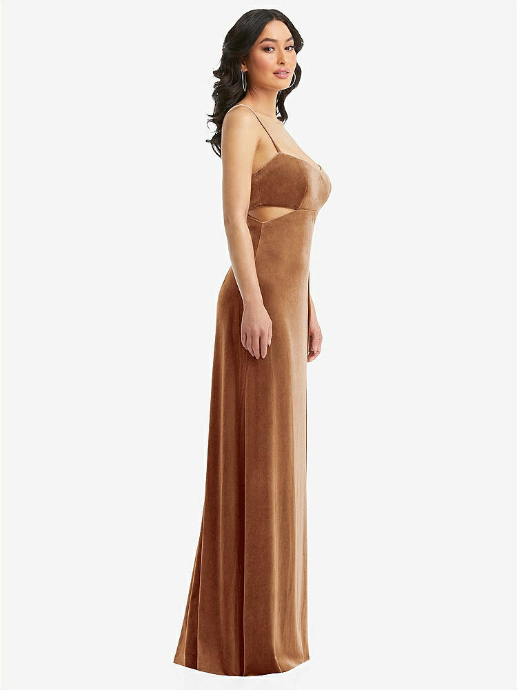 【STYLE: 6866】Spaghetti Strap Cutout Midriff Velvet Maxi Dress【COLOR: Golden Almond】