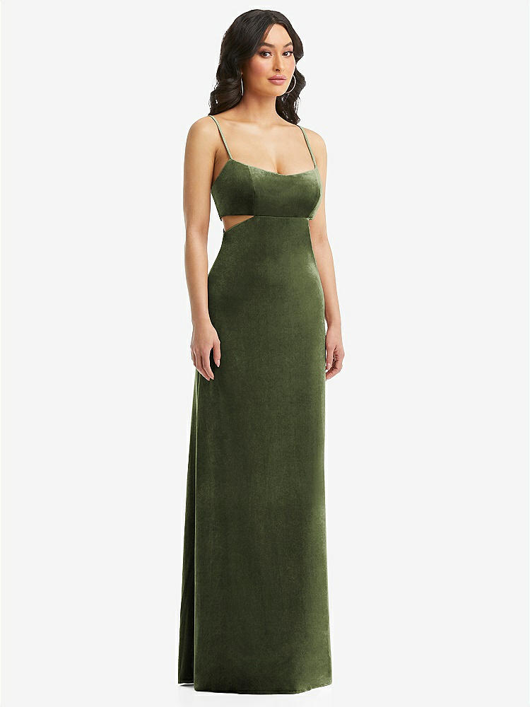【STYLE: 6866】Spaghetti Strap Cutout Midriff Velvet Maxi Dress【COLOR: Olive Green】
