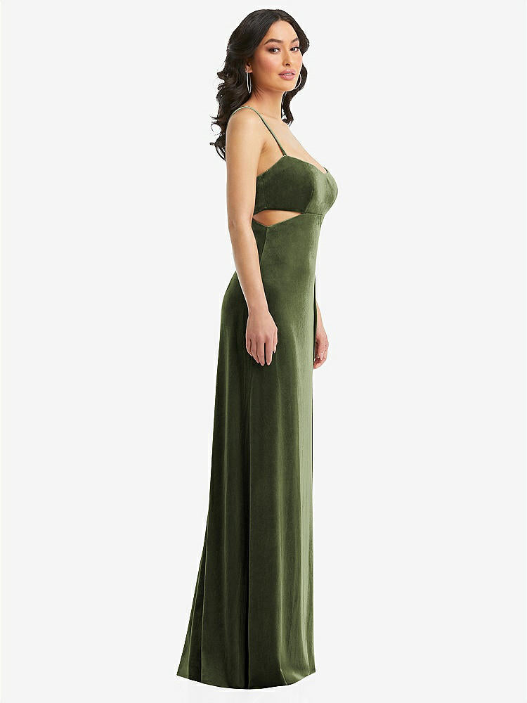 【STYLE: 6866】Spaghetti Strap Cutout Midriff Velvet Maxi Dress【COLOR: Olive Green】