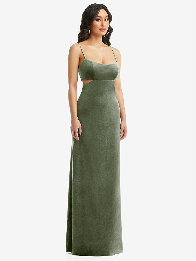 【STYLE: 6866】Spaghetti Strap Cutout Midriff Velvet Maxi Dress【COLOR: Sage】