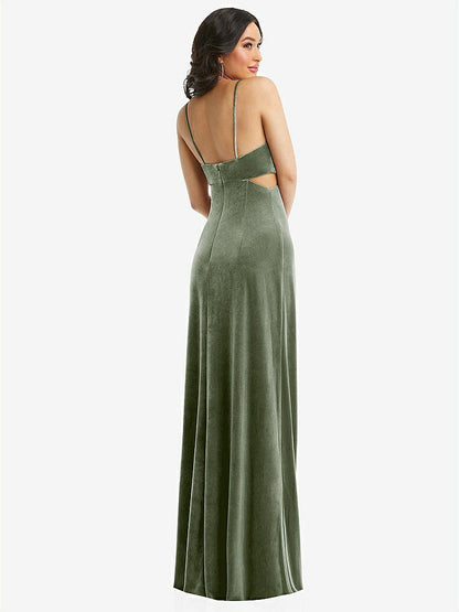 【STYLE: 6866】Spaghetti Strap Cutout Midriff Velvet Maxi Dress【COLOR: Sage】