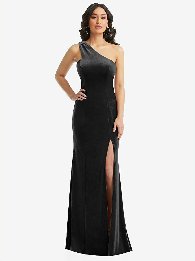 【STYLE: 6867】One-Shoulder Velvet Trumpet Gown with Front Slit【COLOR: Black】
