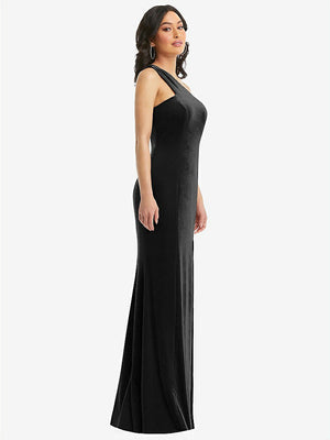 【STYLE: 6867】One-Shoulder Velvet Trumpet Gown with Front Slit【COLOR: Black】