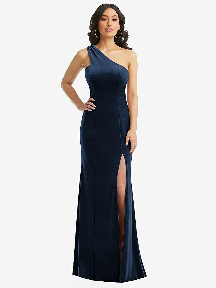 【NEW】【STYLE: 6867】ワンショルダー ベルベット トランペット ガウン 前面 スリット【COLOR: Midnight Navy】【SIZE: 00-30W】