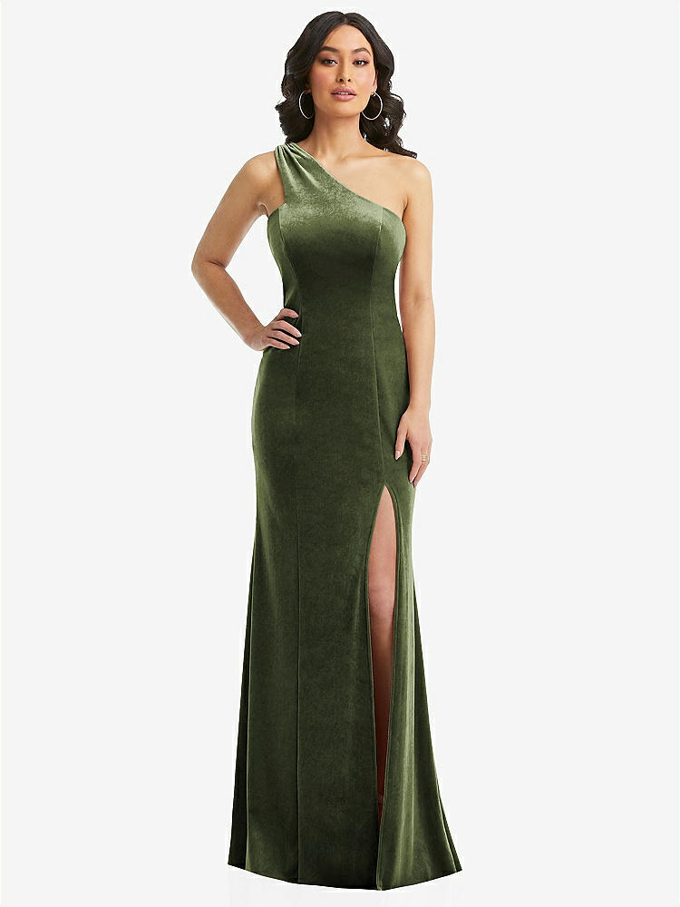 【STYLE: 6867】One-Shoulder Velvet Trumpet Gown with Front Slit【COLOR: Olive Green】