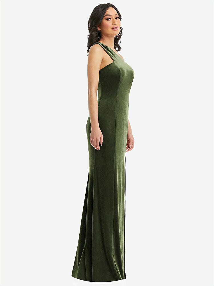 【STYLE: 6867】One-Shoulder Velvet Trumpet Gown with Front Slit【COLOR: Olive Green】