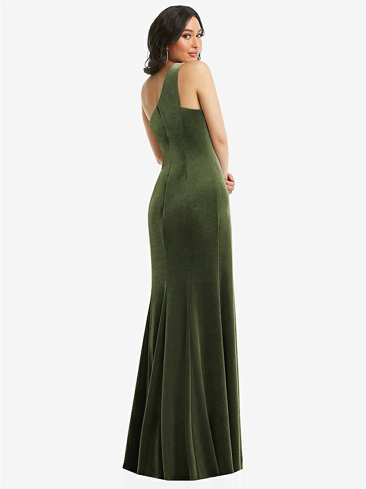 【STYLE: 6867】One-Shoulder Velvet Trumpet Gown with Front Slit【COLOR: Olive Green】