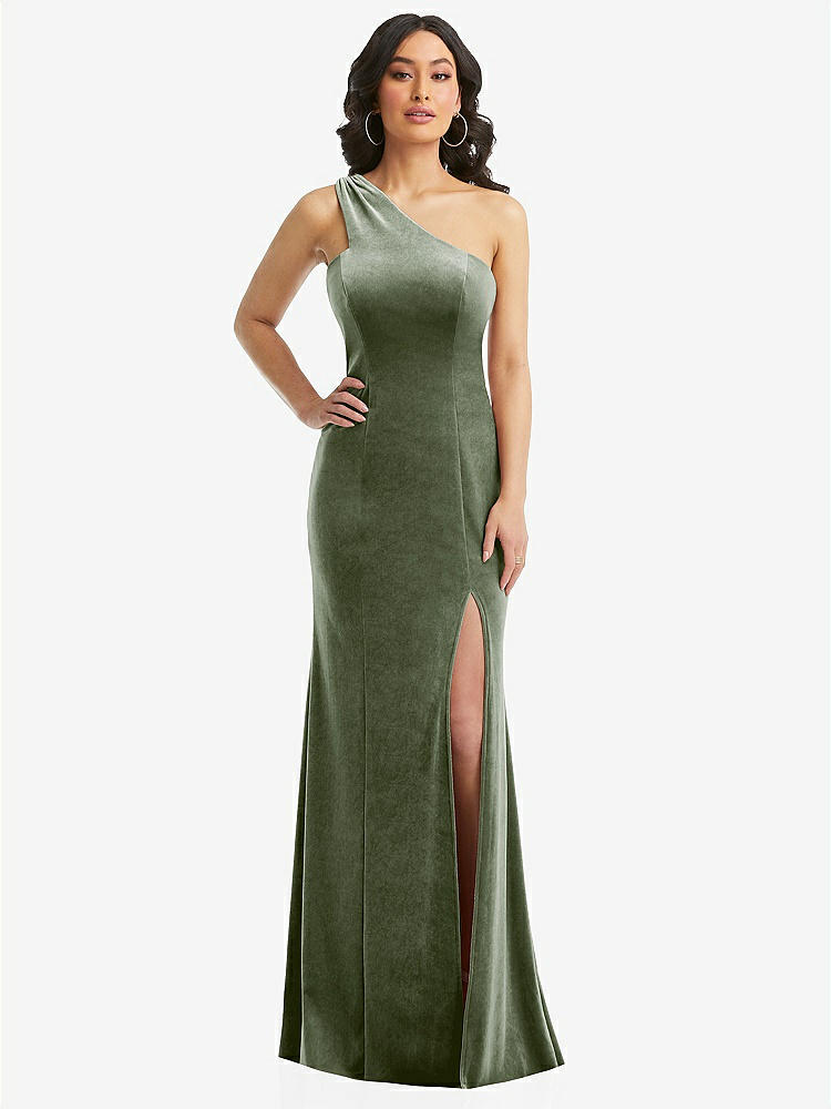 【STYLE: 6867】One-Shoulder Velvet Trumpet Gown with Front Slit【COLOR: Sage】