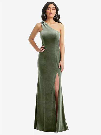 【STYLE: 6867】One-Shoulder Velvet Trumpet Gown with Front Slit【COLOR: Sage】