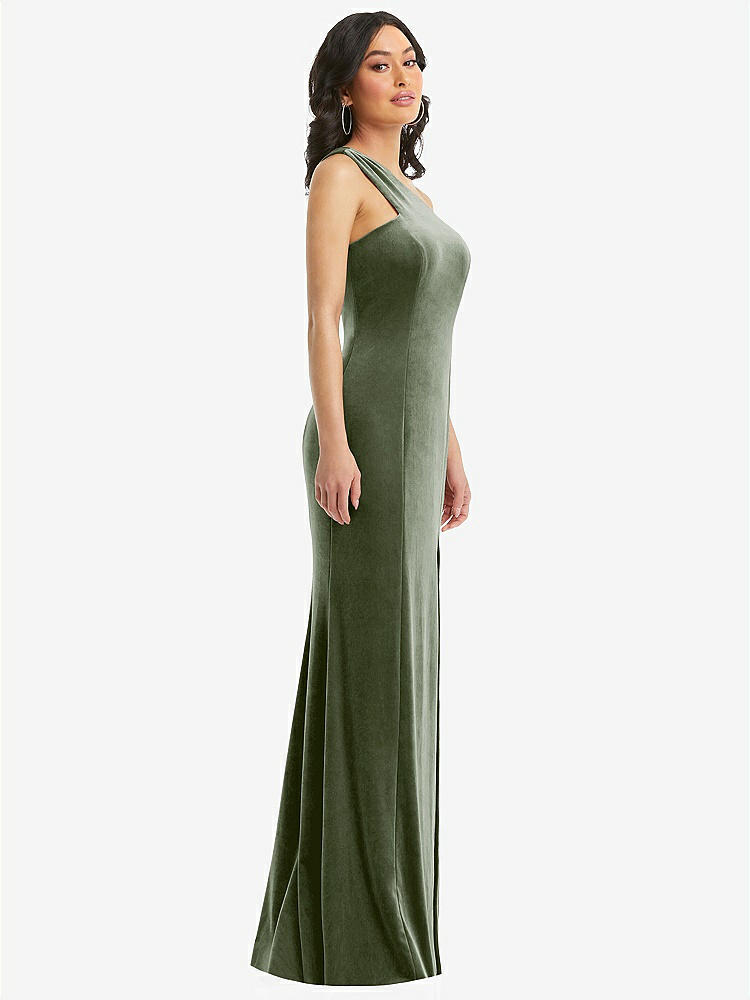 【STYLE: 6867】One-Shoulder Velvet Trumpet Gown with Front Slit【COLOR: Sage】