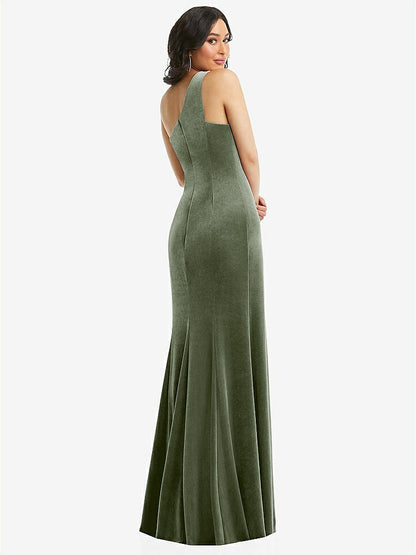 【STYLE: 6867】One-Shoulder Velvet Trumpet Gown with Front Slit【COLOR: Sage】