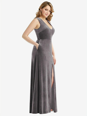 【NEW】【STYLE: 6871】ディープ V-Neveless Velvet Maxi ドレス ポケット付き【COLOR: Caviar Gray】【SIZE: 00-30W】