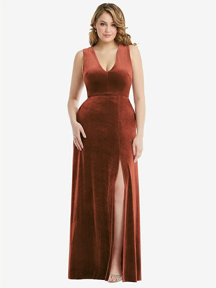 【STYLE: 6871】Deep V-Neck Sleeveless Velvet Maxi Dress with Pockets【COLOR: Auburn Moon】