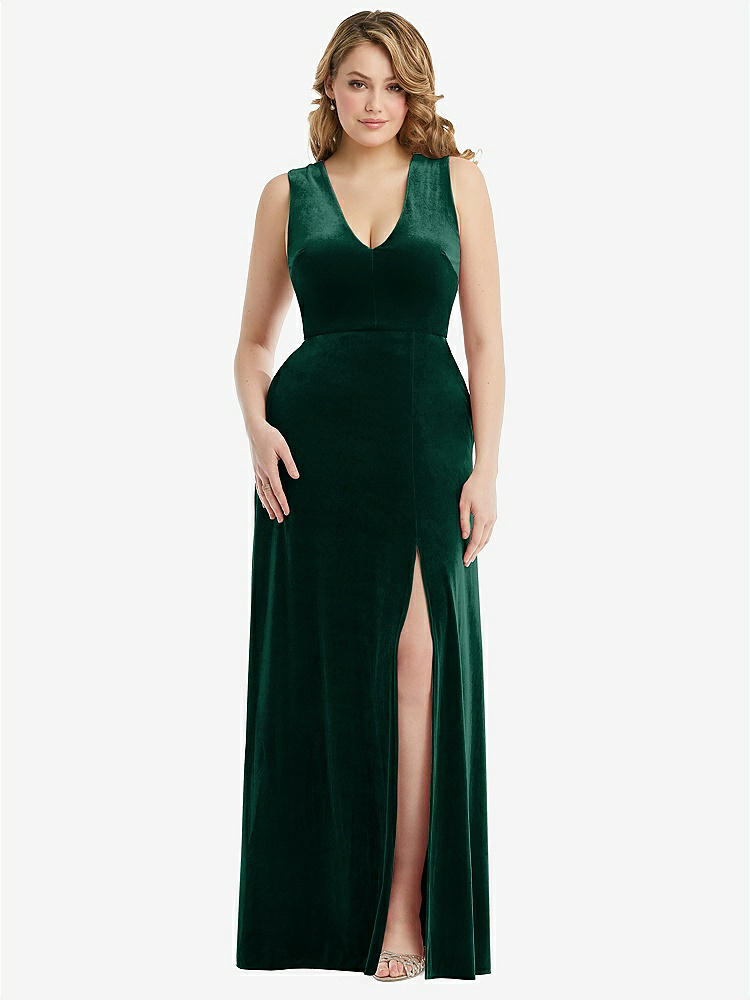 【STYLE: 6871】Deep V-Neck Sleeveless Velvet Maxi Dress with Pockets【COLOR: Evergreen】
