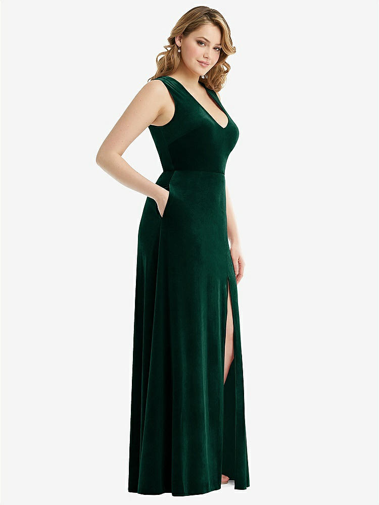 【STYLE: 6871】Deep V-Neck Sleeveless Velvet Maxi Dress with Pockets【COLOR: Evergreen】