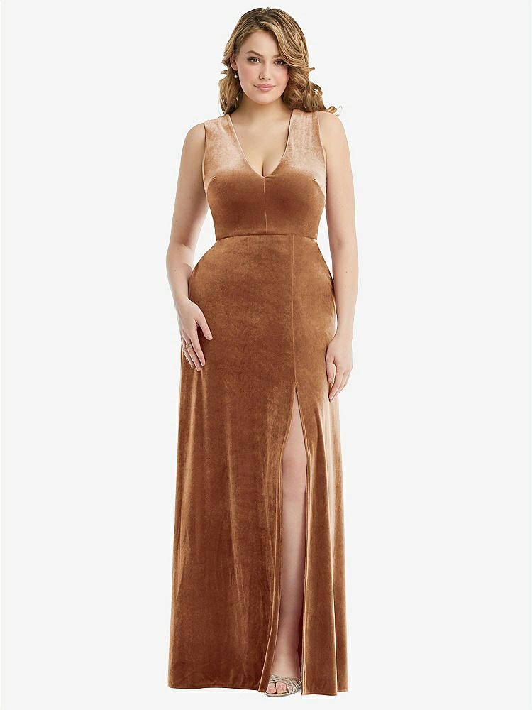 【STYLE: 6871】Deep V-Neck Sleeveless Velvet Maxi Dress with Pockets【COLOR: Golden Almond】