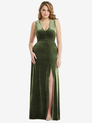 【NEW】【STYLE: 6871】ディープ V-Neveless Velvet Maxi ドレス ポケット付き【COLOR: Olive Green】【SIZE: 00-30W】