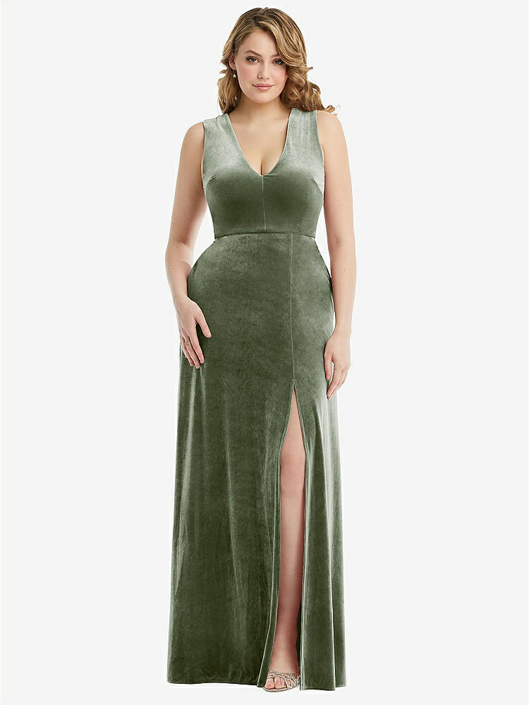 【STYLE: 6871】Deep V-Neck Sleeveless Velvet Maxi Dress with Pockets【COLOR: Sage】