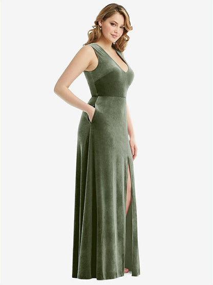 【STYLE: 6871】Deep V-Neck Sleeveless Velvet Maxi Dress with Pockets【COLOR: Sage】
