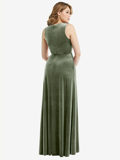 【STYLE: 6871】Deep V-Neck Sleeveless Velvet Maxi Dress with Pockets【COLOR: Sage】