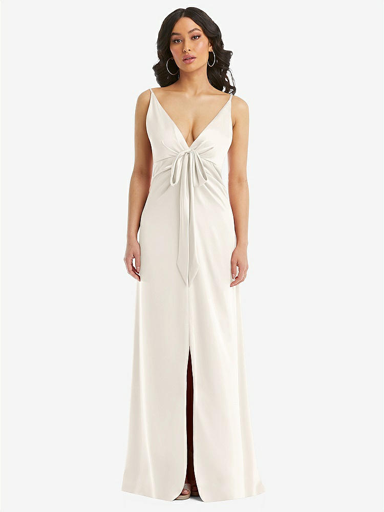 【STYLE: 6869】Skinny Strap Plunge Neckline Maxi Dress with Bow Detail【COLOR: Ivory】