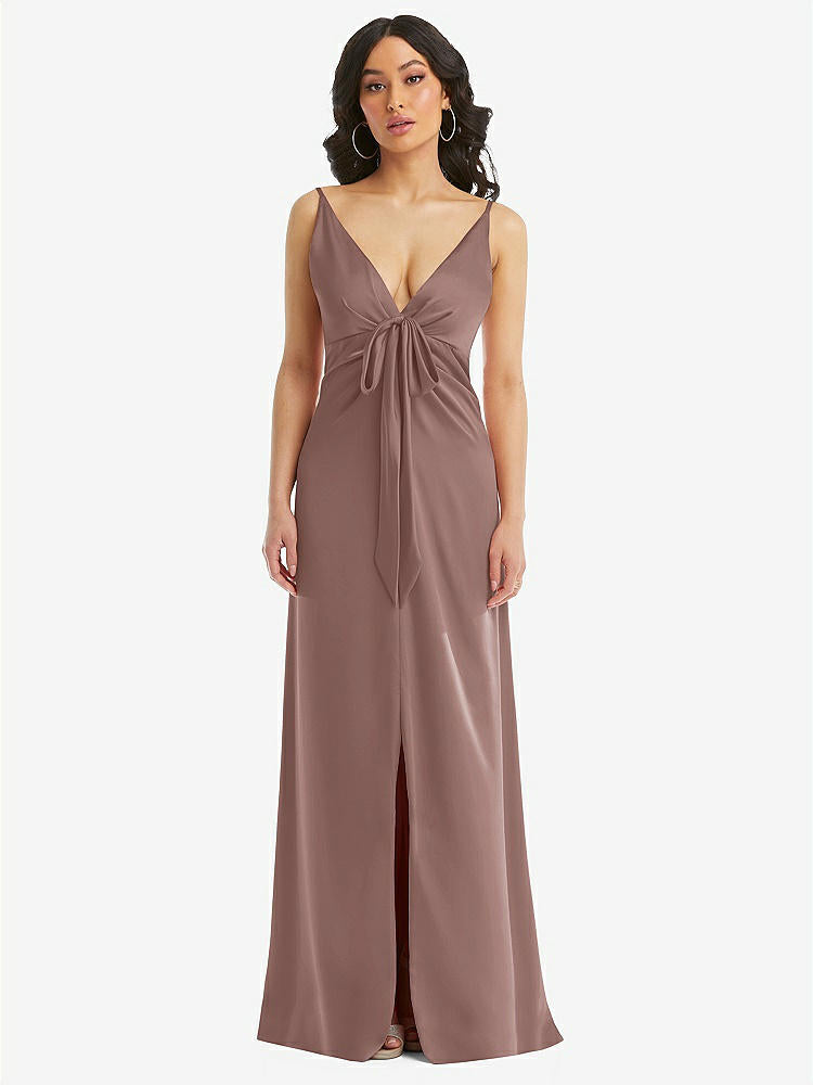 【STYLE: 6869】Skinny Strap Plunge Neckline Maxi Dress with Bow Detail【COLOR: Sienna】
