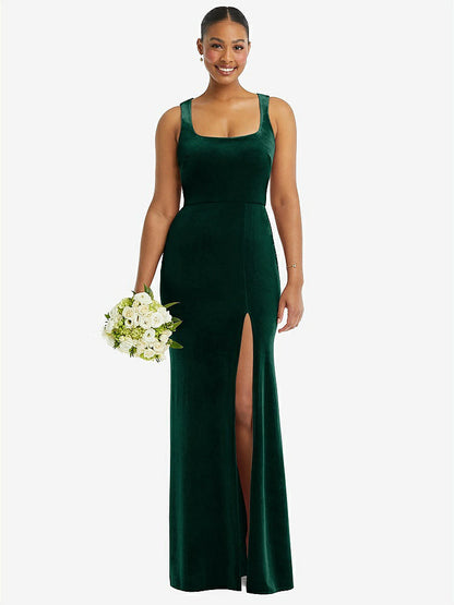 【STYLE: 6870】Square Neck Closed Back Velvet Maxi Dress 【COLOR: Evergreen】