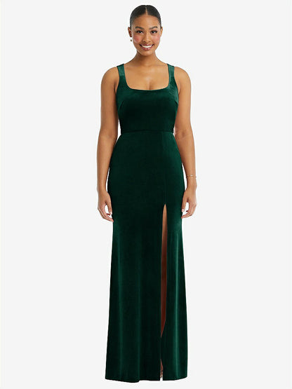 【STYLE: 6870】Square Neck Closed Back Velvet Maxi Dress 【COLOR: Evergreen】