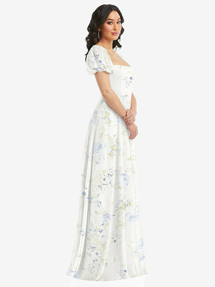 【STYLE: 1567】Puff Sleeve Chiffon Maxi Dress with Front Slit【COLOR: Bleu Garden】