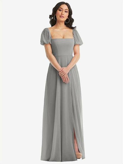 【STYLE: 1567】Puff Sleeve Chiffon Maxi Dress with Front Slit【COLOR: Chelsea Gray】