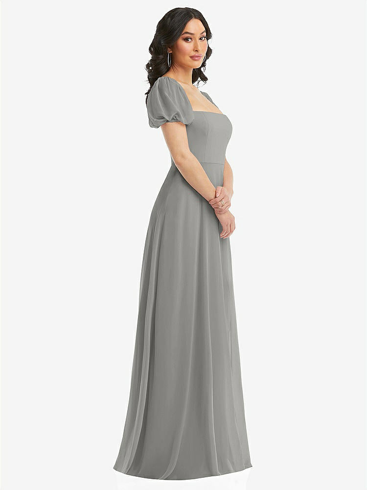 【STYLE: 1567】Puff Sleeve Chiffon Maxi Dress with Front Slit【COLOR: Chelsea Gray】