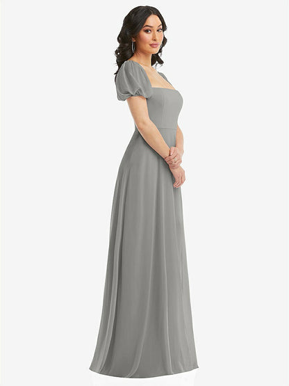 【STYLE: 1567】Puff Sleeve Chiffon Maxi Dress with Front Slit【COLOR: Chelsea Gray】