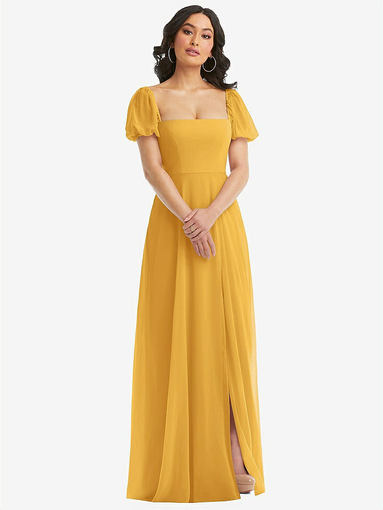 【NEW】【STYLE: 1567】パフ スリーブ シフォン マキシ ドレス 前面 スリット【COLOR: NYC Yellow】【SIZE: 00-30W】