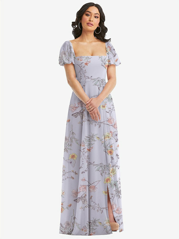 【STYLE: 1567】Puff Sleeve Chiffon Maxi Dress with Front Slit【COLOR: Butterfly Botanica Silver Dove】