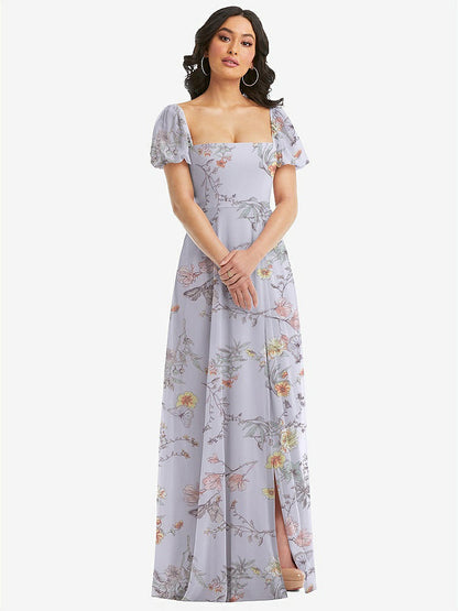 【STYLE: 1567】Puff Sleeve Chiffon Maxi Dress with Front Slit【COLOR: Butterfly Botanica Silver Dove】