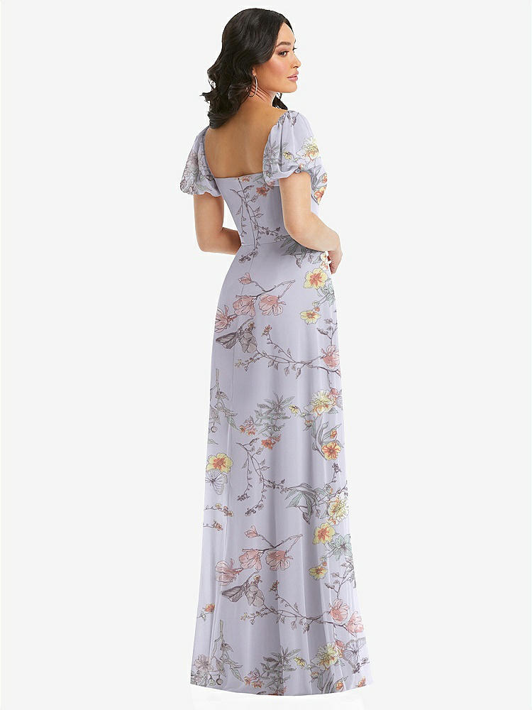 【STYLE: 1567】Puff Sleeve Chiffon Maxi Dress with Front Slit【COLOR: Butterfly Botanica Silver Dove】