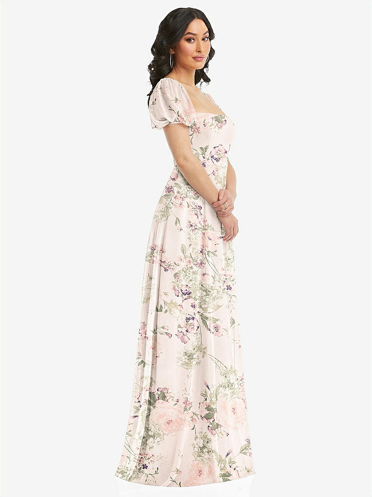 【STYLE: 1567】Puff Sleeve Chiffon Maxi Dress with Front Slit【COLOR: Blush Garden】